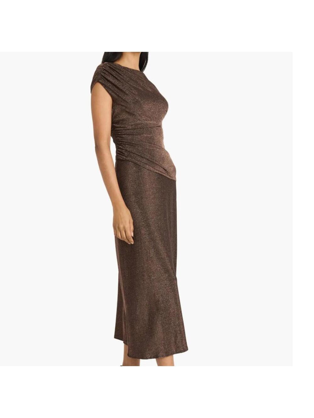 Maggy London Brown Metallic Midi Dress Size 14 Cap Sleeve Ruched Wedding Guest - Picture 3 of 10